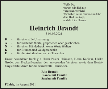 Traueranzeige von Heinrich Brandt von Harz Kurier