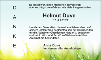 Traueranzeige von Helmut Duve von Harz Kurier