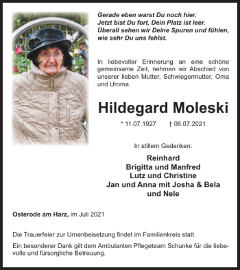 Traueranzeige von Hildegard Moleski von Harz Kurier