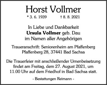 Traueranzeige von Horst Vollmer von Harz Kurier
