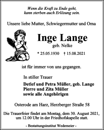 Traueranzeige von Inge Lange von Harz Kurier