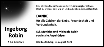 Traueranzeige von Ingeborg Robin von Harz Kurier