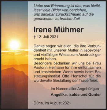 Traueranzeige von Irene Mühmer von Harz Kurier