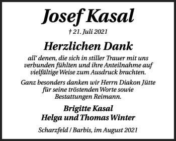 Traueranzeige von Josef Kasal von Harz Kurier