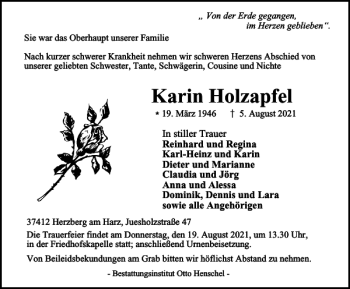 Traueranzeige von Karin Holzapfel von Harz Kurier