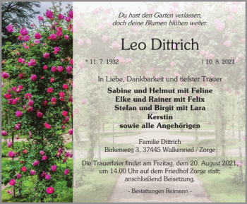 Traueranzeige von Leo Dittrich von Harz Kurier