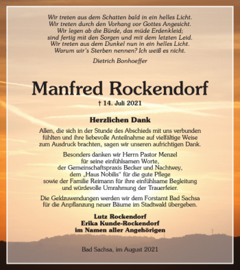 Traueranzeige von Manfred Rockendorf von Harz Kurier