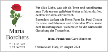 Traueranzeige von Maria Borchers von Harz Kurier