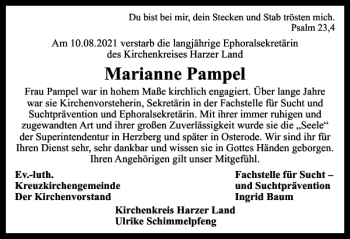 Traueranzeige von Marianne Pampel von Harz Kurier