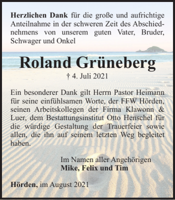 Traueranzeige von Roland Grüneberg von Harz Kurier
