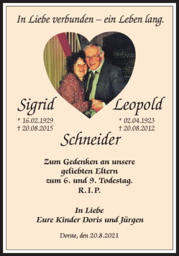 Traueranzeige von Schneider Leopold Sigrid von Harz Kurier