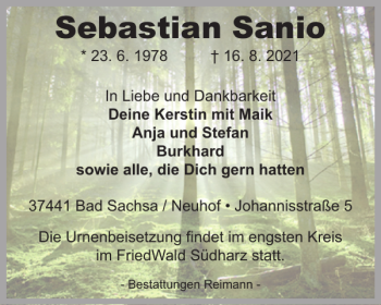 Traueranzeige von Sebastian Sanio von Harz Kurier