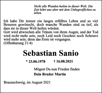Traueranzeige von Sebastian Sanio von Harz Kurier