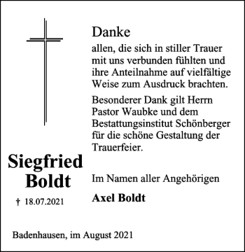 Traueranzeige von Siegfried Boldt von Harz Kurier