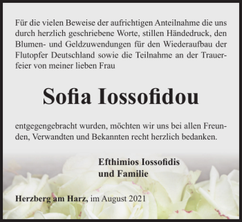 Traueranzeige von Sofia Iossofidou von Harz Kurier