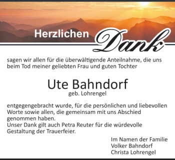 Traueranzeige von Ute Bahndorf von Harz Kurier