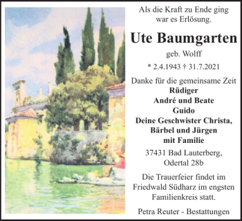 Traueranzeige von Ute Baumgarten von Harz Kurier