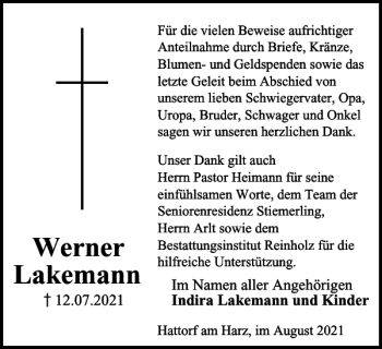 Traueranzeige von Werner Lakemann von Harz Kurier