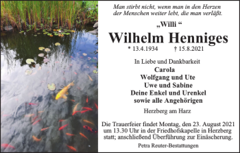 Traueranzeige von Wilhelm Henniges von Harz Kurier