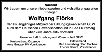 Traueranzeige von Wolfgang Flörke von Harz Kurier