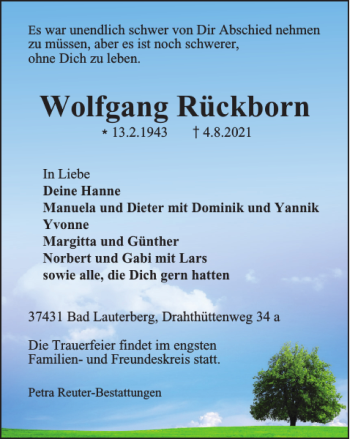 Traueranzeige von Wolfgang Rückborn von Harz Kurier
