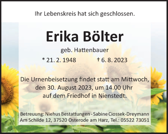 Traueranzeige von Erika Bölter von Harz Kurier