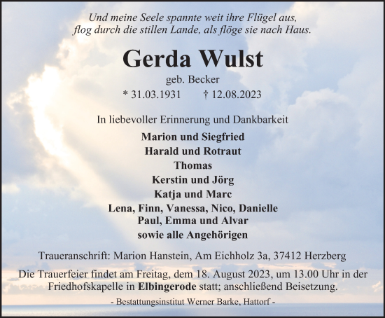 Traueranzeige von Gerda Wulst von Harz Kurier