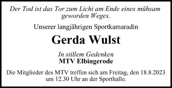 Traueranzeige von Gerda Wulst von Harz Kurier