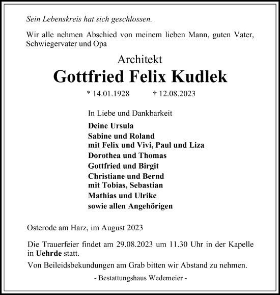 Traueranzeige von Gottfried Felix Kudlek von Harz Kurier