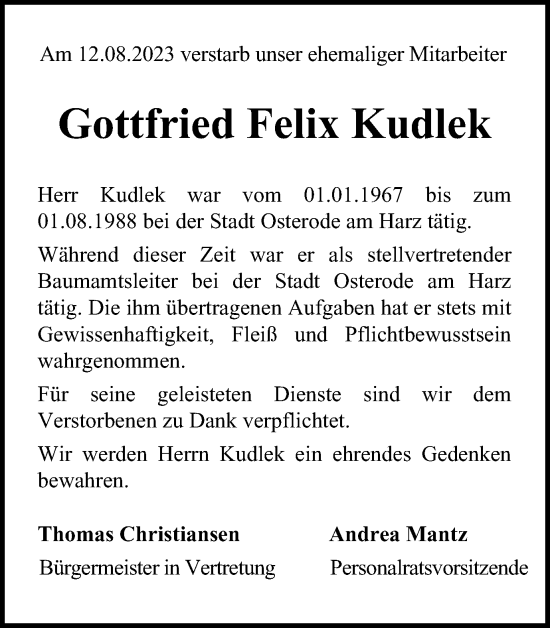 Traueranzeige von Gottfried Felix Kudlek von Harz Kurier