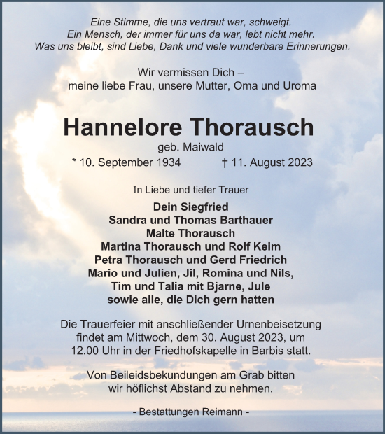 Traueranzeige von Hannelore Thorausch von Harz Kurier