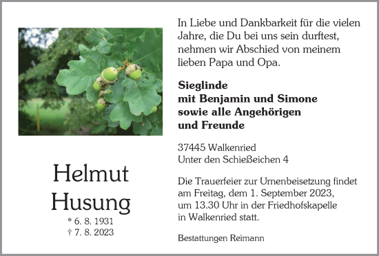 Traueranzeige von Helmut Husung von Harz Kurier