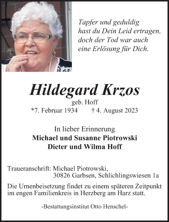 Traueranzeige von Hildegard Krzos von Harz Kurier