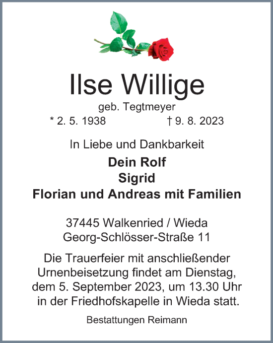 Traueranzeige von Ilse Willige von Harz Kurier