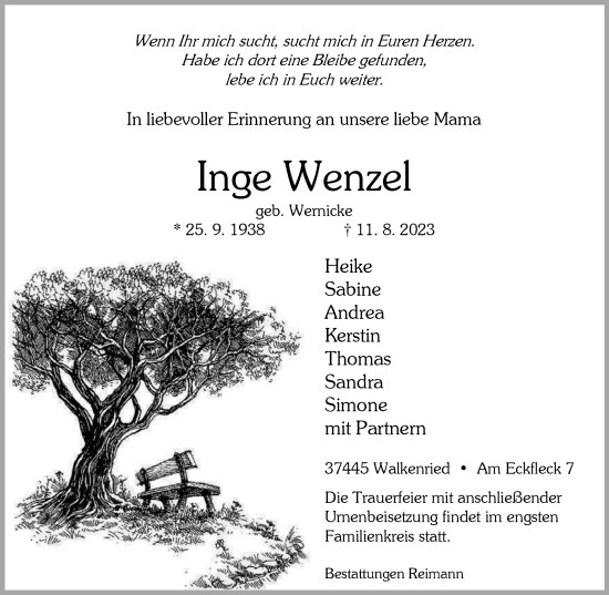 Traueranzeige von Inge Wenzel von Harz Kurier