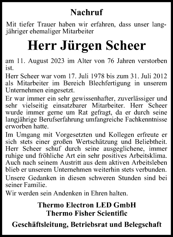 Traueranzeige von Jürgen Scheer von Harz Kurier