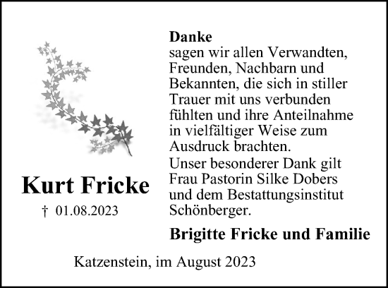 Traueranzeige von Kurt Fricke von Harz Kurier