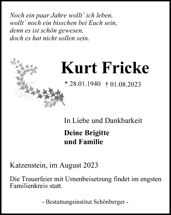 Traueranzeige von Kurt Fricke von Harz Kurier