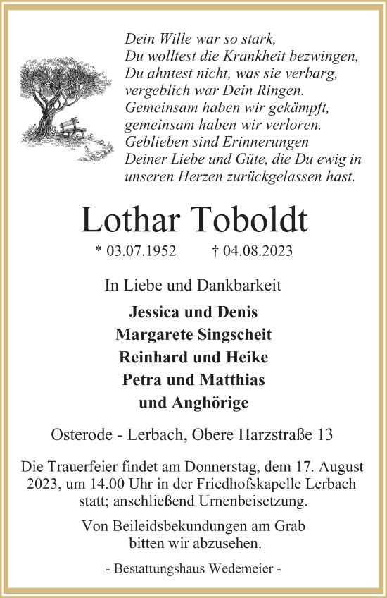 Traueranzeige von Lothar Toboldt von Harz Kurier