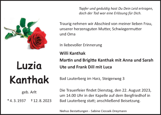 Traueranzeige von Luzia Kanthak von Harz Kurier