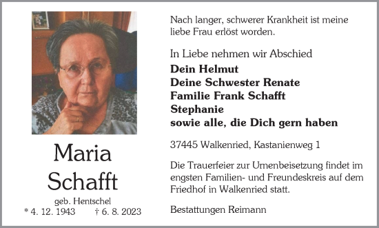 Traueranzeige von Maria Schafft von Harz Kurier