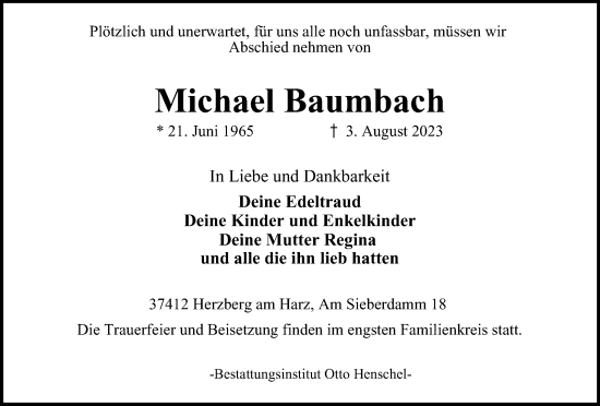 Traueranzeige von Michael Baumbach von Harz Kurier