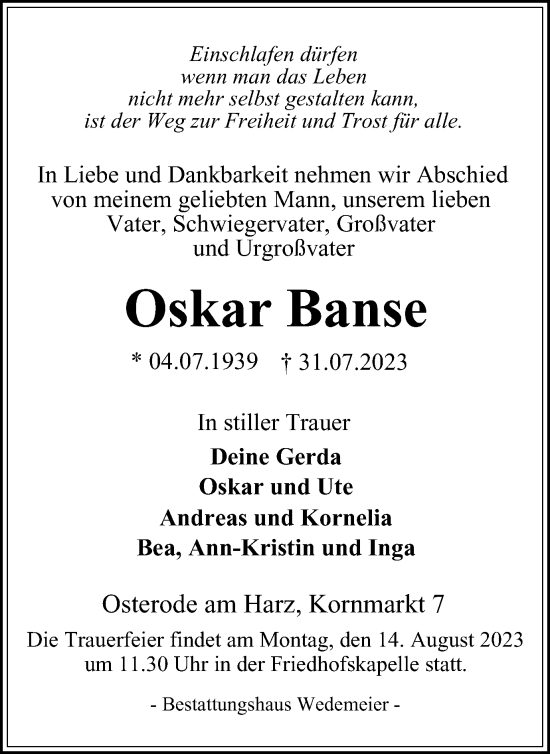 Traueranzeige von Oskar Banse von Harz Kurier