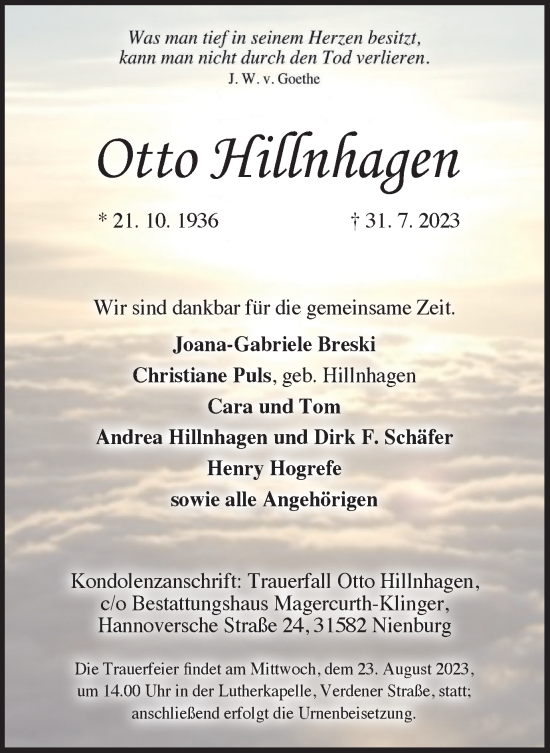 Traueranzeige von Otto Hillnhagen von Harz Kurier