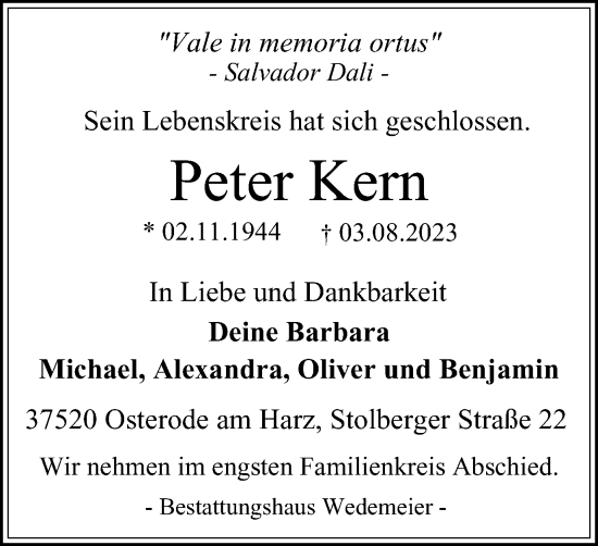 Traueranzeige von Peter Kern von Harz Kurier