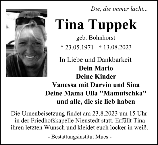 Traueranzeige von Tina Tuppek von Harz Kurier
