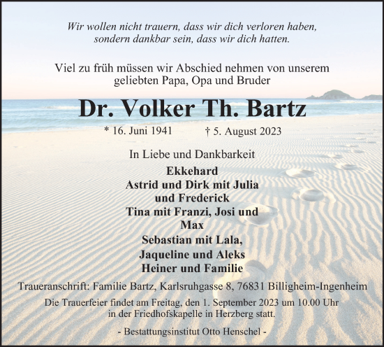 Traueranzeige von Volker Th. Bartz von Harz Kurier