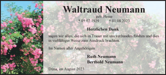 Traueranzeige von Waltraud Neumann von Harz Kurier
