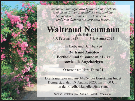 Traueranzeige von Waltraud Neumann von Harz Kurier