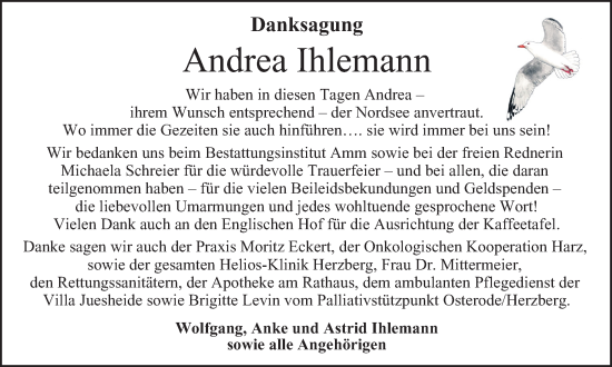 Traueranzeige von Andrea Ihlemann von Harz Kurier
